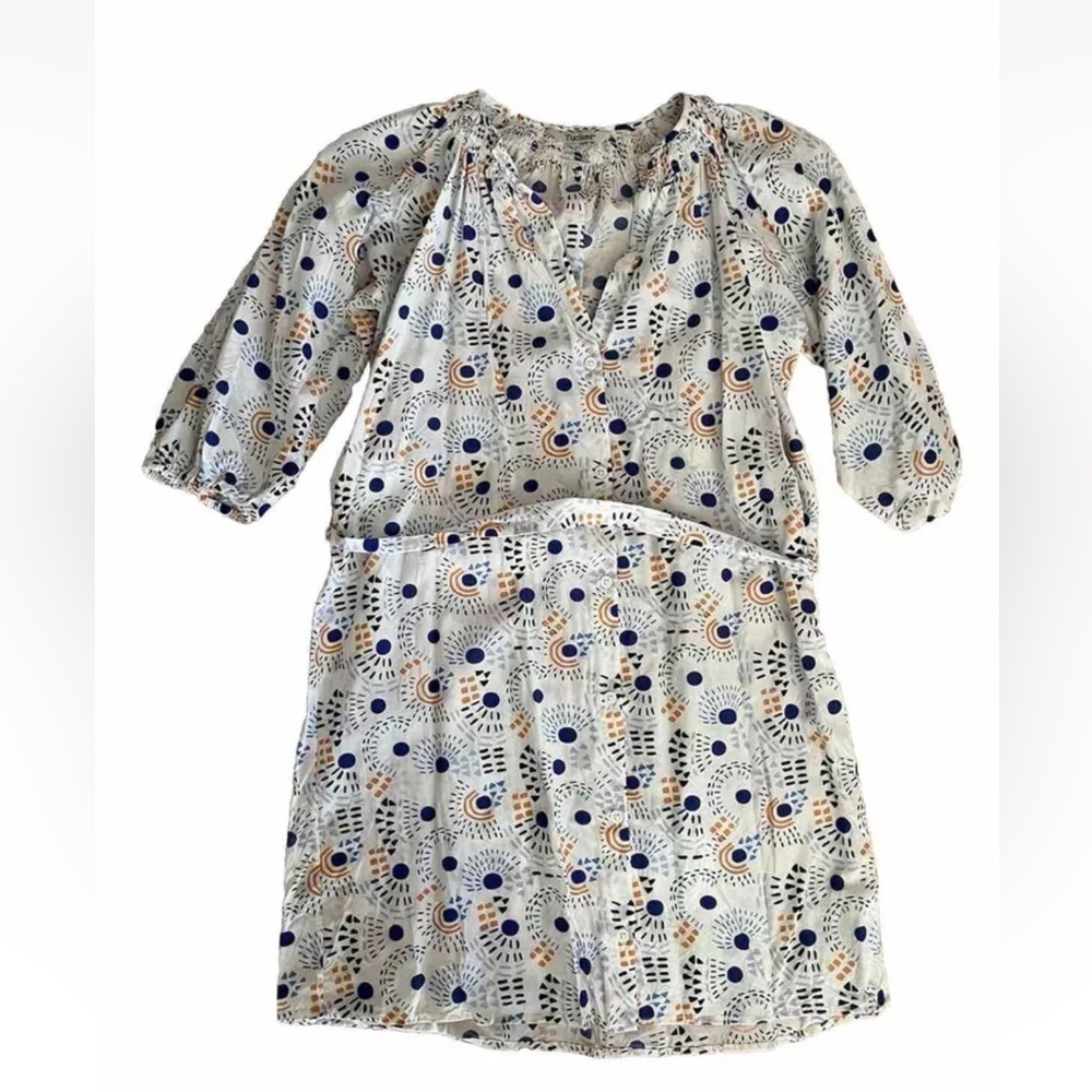 Tucker women’s colorful printed belted dress 3/4 smocked sleeves sz XS